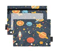 Sevdomey Planets - Estuche para lápices de 3 Anillos con Ventana Transparente, Paquete de 2 Bolsas con Cremallera para Oficina, Planetas, 7.08 * 9.84 Inch, Bolsa para lápices