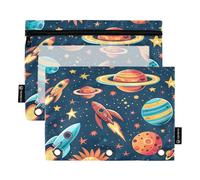 Sevdomey Planets - Estuche para lápices de 3 Anillos con Ventana Transparente, Paquete de 2 Bolsas con Cremallera para Oficina, Planetas, 7.08 * 9.84 Inch, Bolsa para lápices