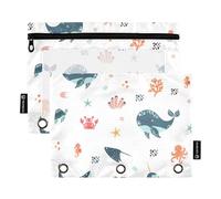 Sevdomey Sea Life - Estuche para lápices con 3 Anillos con Ventana Transparente, Paquete de 2 Bolsas con Cremallera para Oficina, Bonito patrón de Vida Marina, 7.08 * 9.84 Inch, Bolsa para lápices