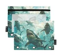 Sevdomey Sharks - Estuche para lápices de 3 Anillos con Ventana Transparente, Paquete de 2 Bolsas con Cremallera para Oficina, Tiburones, 7.08 * 9.84 Inch, Bolsa para lápices