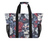 Sevdomey Skulls and Roses - Bolsa de playa grande de lona impermeable con bolsillos para mujer, viajes, gimnasio, piscina