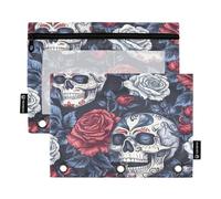 Sevdomey Skulls and Roses - Estuche para lápices de 3 Anillos con Ventana Transparente, Paquete de 2 Bolsas con Cremallera para Oficina, Calaveras y Rosas, 7.08 * 9.84 Inch, Bolsa para lápices