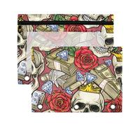 Sevdomey Skulls Wearing Crowns - Estuche para lápices de 3 anillos con ventana transparente, paquete de 2 bolsas con cremallera para oficina, Calaveras con coronas, 7.08*9.85 inch, Bolsa para lápices