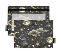 Sevdomey Stars Moons - Estuche para lápices de 3 Anillos con Ventana Transparente, Paquete de 2 Bolsas con Cremallera para Oficina, Estrellas y Lunas, 7.08 * 9.84 Inch, Bolsa para lápices