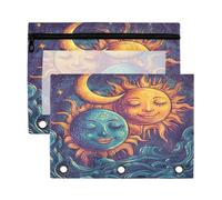 Sevdomey Sun and Moon - Estuche para lápices de 3 anillos con ventana transparente, paquete de 2 bolsas con cremallera para oficina, Sol y luna, 7.08*9.85 inch, Bolsa para lápices