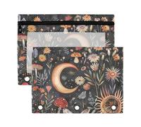 Sevdomey Sun Moon and Stars - Estuche para lápices de 3 anillos con ventana transparente, paquete de 2 bolsas con cremallera para oficina, Sol, luna y estrellas, 7.08*9.85 inch, Bolsa para lápices