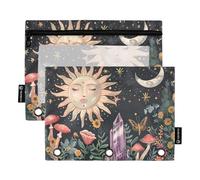 Sevdomey Sun Moon and Stars - Estuche para lápices de 3 Anillos con Ventana Transparente, Paquete de 2 Bolsas con Cremallera para Oficina, Sol, Luna y Estrellas, 7.08 * 9.84 Inch, Bolsa para lápices