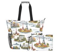 Sevdomey The World Landmarks - Bolsa de playa grande de 36 L con compartimento húmedo y seco, impermeable, para viajes, gimnasio, piscina, natación, a prueba de arena