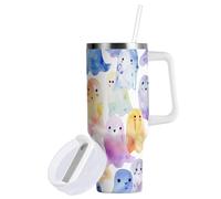 Sevdomey Vaso de 40 ozCute Little Ghosts con asa y tapa con popote para agua, té helado o café, acero inoxidable aislado a prueba de fugas, taza de café de viaje, taza de regalo