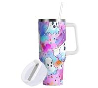 Sevdomey Vaso de 40 ozCute Little Ghosts con asa y tapa con popote para agua, té helado o café, acero inoxidable aislado a prueba de fugas, taza de café de viaje, taza de regalo