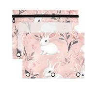 Sevdomey White Rabbits - Estuche para lápices de 3 anillos con ventana transparente, paquete de 2 bolsas con cremallera para oficina