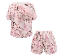 SEVEBJ Conjunto de pijama de verano de 2 piezas con cuello redondo y pantalones cortos de manga corta para mujer, Cherry Blooms - Estampado de mariposas, S