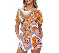 SEVEBJ Conjunto de pijama para mujer, camiseta de manga corta con pantalones cortos, conjunto de pijama suave de verano, 2 piezas, talla S-5XL, Flores hippies Swirl Wave, M