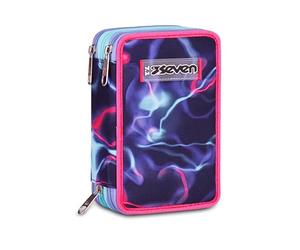 Seven Electrivibe Girl - Estuche Escolar con 3 Cremalleras, Color Rosa, Soporte para bolígrafos, Triple Compartimento, 45 Piezas, Completo con bolígrafos, lápices y Colores, Mochila de Accesorios