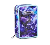 Seven Estuche con 3 Compartimentos, Estuche Completo con lápices, rotuladores, Accesorios, Material Escolar, Escuela, Ocio, niñas y niños, Morado/Azul