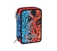 Seven Estuche de 3 Compartimentos, Azul Naranja, Triple Compartimento, Completo con lápices, rotuladores, Colores, Accesorios Mochila, elementales, Medios, Superiores, Multicolor, Talla única,