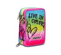 SEVEN Estuche de 3 Compartimentos, Rosa, Triple Compartimento, Completo con lápices, rotuladores, Colores, Accesorios Mochila, elementales, Medios, Superiores, Multicolor, Vibrante y Colorido