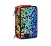 Seven Estuche Escolar 3 Compartimientos Fluo Stamp, Jet Black - con Material Incluido: Lápices, Bolígrafos y Marcadores - Gran Capacidad para Niños, Niñas y Adolescentes