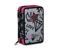 Seven Estuche Escolar 3 Compartimientos - Zipper GLAMY, Steel Gray - con Material Incluido: Lápices, Bolígrafos y Marcadores - Gran Capacidad para Niños, Niñas y Adolescentes