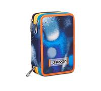 Seven Estuche Escolar 3 Cremalleras, Azul Naranja, retrocolor, portalápices Triple Compartimento Completo con bolígrafos, lápices, Colores, Accesorios Mochila, elementales, medianos, niño, Naranja.,