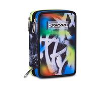 Seven Estuche escolar 3 cremalleras Buzzy Note Boy, multicolor, portalápices equipado, triple compartimento, 45 piezas, completo con bolígrafos, lápices y colores, accesorios mochila, escuela primaria