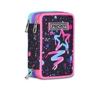 Seven Estuche Escolar 3 Cremalleras, Negro, portalápices Triple Compartimento Completo con bolígrafos, lápices, Colores, Accesorios Mochila, Escuela Primaria, niña