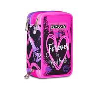 Seven Estuche Escolar 3 Cremalleras, Rosa, portalápices Triple Compartimento Completo con bolígrafos, lápices, Colores, Accesorios Mochila, Escuela Primaria, niña