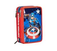 Seven Estuche Escolar con 3 Compartimentos, Disney - Capitán América - Legend Avange, Azul y Rojo - Portalápices con múltiples Compartimentos con lápices, bolígrafos y Colores, Accesorios Mochila,