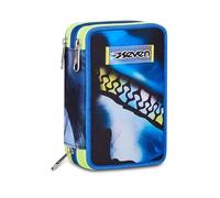 Seven Estuche escolar con 3 cremalleras azul fusión, azul, portalápices equipado, triple compartimento, 45 piezas, completo con lápices, bolígrafos, lápices y colores, accesorios para mochila, escuela