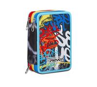 SEVEN Estuche Escolar con 3 Cremalleras, Azul, Rojo y Amarillo, Mark On Boy, portalápices Triple Compartimento Completo con bolígrafos, lápices, Colores, Accesorios de Mochila, elementales, medianos,