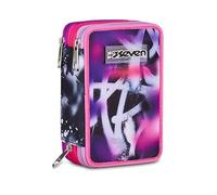 Seven Estuche Escolar con 3 Cremalleras Buzzy Note Girl, Rosa, portalápices Equipado, Triple Compartimento, 45 Piezas, Completo con bolígrafos, lápices y Colores, Accesorios Mochila, Escuela Primaria