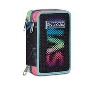 Seven - Estuche escolar con 3 cremalleras, color negro fucsia, portalápices triple compartimento con bolígrafos, lápices, colores, accesorios para mochila, escuela primaria, niña, Negro , Talla única