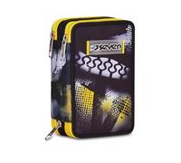 Seven Estuche escolar con 3 cremalleras Golden Paint, negro, portalápices equipado, triple compartimento, 45 piezas, completo con bolígrafos, lápices y colores, accesorios para mochila, escuela