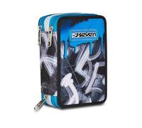 Seven - Estuche escolar con 3 cremalleras, gris azul, portalápices triple compartimento completo con bolígrafos, lápices, colores, accesorios para mochila, escuela primaria, niño, gris, Talla única
