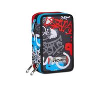 Seven Estuche Escolar con 3 Cremalleras, Negro, Rojo y Azul, Half Street, portalápices Triple Compartimento Completo con bolígrafos, lápices, Colores, Accesorios de Mochila, elementales, medianos,