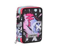 SEVEN Estuche Escolar con 3 Cremalleras, Negro Violeta Fucsia, Mark On Girl, portalápices Triple Compartimento Completo con bolígrafos, lápices, Colores, Accesorios de Mochila, elementales, medianos,