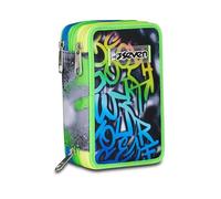 Seven - Estuche escolar con 3 cremalleras, negro y verde, portalápices triple compartimento completo con bolígrafos, lápices, colores, accesorios para mochila, escuela primaria, niño, Negro , Talla