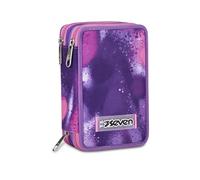 Seven Estuche Escolar con 3 Cremalleras, Rosa, Morado Fucsia, Bubble Street, portalápices Triple Compartimento Completo con bolígrafos, lápices, Colores, Accesorios de Mochila, elementales, medianos,
