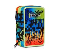 Seven Estuche Escolar con 3 Cremalleras Scribbled Flame, Azul, portalápices Triple Compartimento Completo con bolígrafos, lápices, Colores, Accesorios Mochila, Escuela Primaria, niño