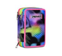 Seven Estuche escolar con 3 cremalleras Write Down, morado, portalápices triple compartimento completo con bolígrafos, lápices, colores, accesorios mochila, escuela primaria, niña, violeta, Talla