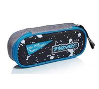 Seven Estuche Escolar Ovalado 1 Compartimiento - Bolsa Round Plus Street Player - Gris,Azul Claro y Negro - Soporte para Bolígrafos Escolares - para Niños Niñas y Adolescentes - Portalápices