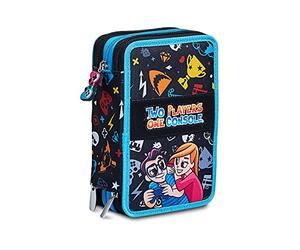 Seven Estuche Escolar para Lápices Two Players One console, 3 Cremalleras, Completo con Marcadores, Lápices Organizado