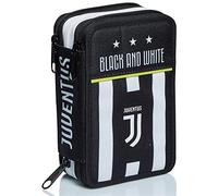 Seven Estuche Juventus de 3 Compartimentos, Best Match, Blanco y Negro, con Bolígrafos, Lápices, Colores y Más