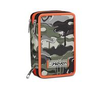 SEVEN Lightventure - Estuche escolar con 3 cremalleras, color verde, negro y naranja, portalápices triple compartimento con bolígrafos, lápices, colores, accesorios de mochila, elementales, medianos,