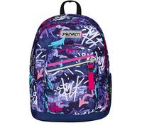 Seven Mochila doble compartimento New Fit, GraffitiMix, morado, bolsillo porta botella, Maxi capacidad, respaldo preformado, mochila escolar y viaje, niños y adolescentes, violeta, Talla única,