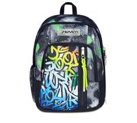Seven - Mochila escolar Dual Detach, color negro y verde, doble compartimento de 32 L, con bolsillo para PC, bolsillo para botella, bolsillo con organizador y compartimento desmontable, escuela media
