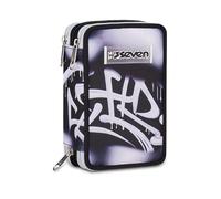 Seven Plumpy Line - Estuche escolar de 3 cremalleras para niños, negro, portalápices equipado, triple compartimento, 45 piezas, completo con bolígrafos, lápices y colores, accesorios para mochila
