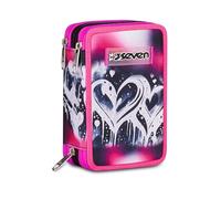 Seven Plumpy Line Girl - Estuche escolar con 3 cremalleras, rosa, portalápices equipado, triple compartimento, 45 piezas, completo con bolígrafos, lápices y colores, accesorios para mochila, escuela