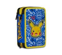 Seven Pokemon - Estuche con 3 Cremalleras, Triple Compartimento, Completo con lápices, rotuladores, Colores, Accesorios de Mochila, elementales, Medios, Superiores, Pikachu, niños y niñas, Amarillo
