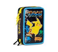 Seven Pokémon - Estuche Escolar con 3 Cremalleras, Negro, portalápices Triple Compartimento con bolígrafos, lápices, Colores, Accesorios, Escuela Primaria, niño, Negro, Talla única, Moderno